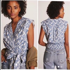 Anthropologie Floral Sleeveless Wrap Tie Waist Blouse Blue Motif Medium